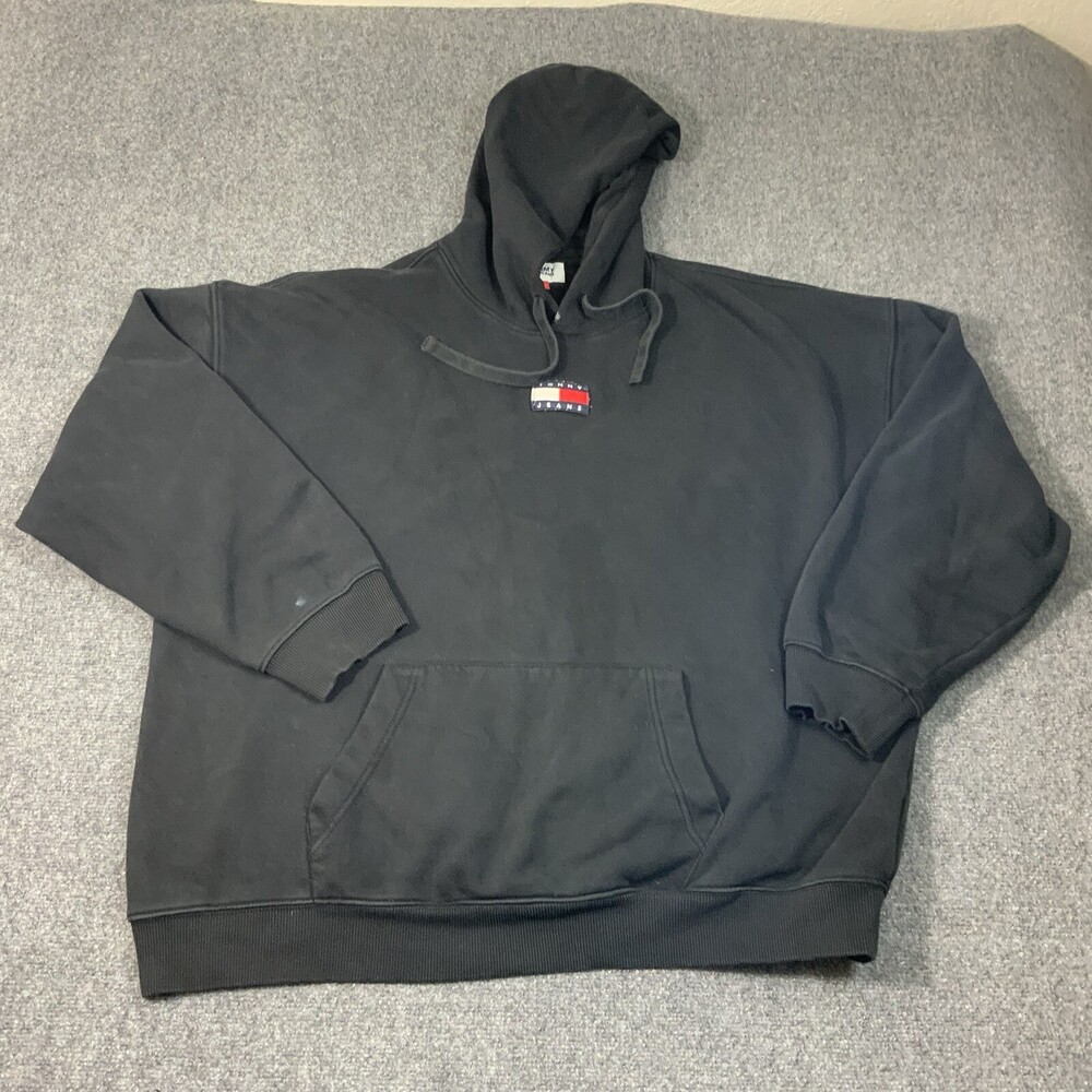 TOMMY HILFIGER JEANS Black Hoodie size XL Mens Pullover Sportswear Cotton